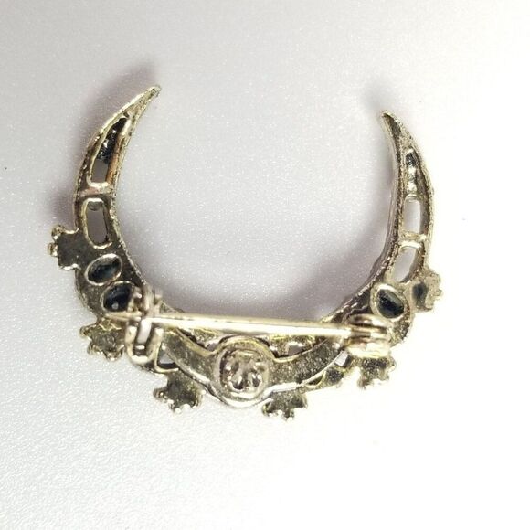 Vintage Crescent Moon Shape Brooch with Red Beads, Celestial Lapel Pin - Picture 3 of 6